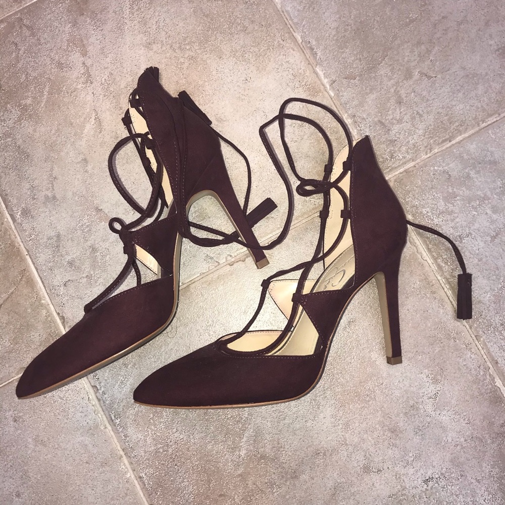 Jessica Simpson Burgundy Strap Suede Lace Up Pumps